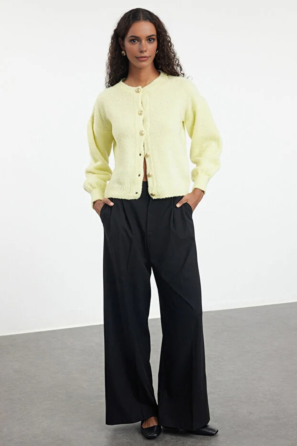 Soft-Textured Knit Cardigan with Button Detail and Balloon Sleeves