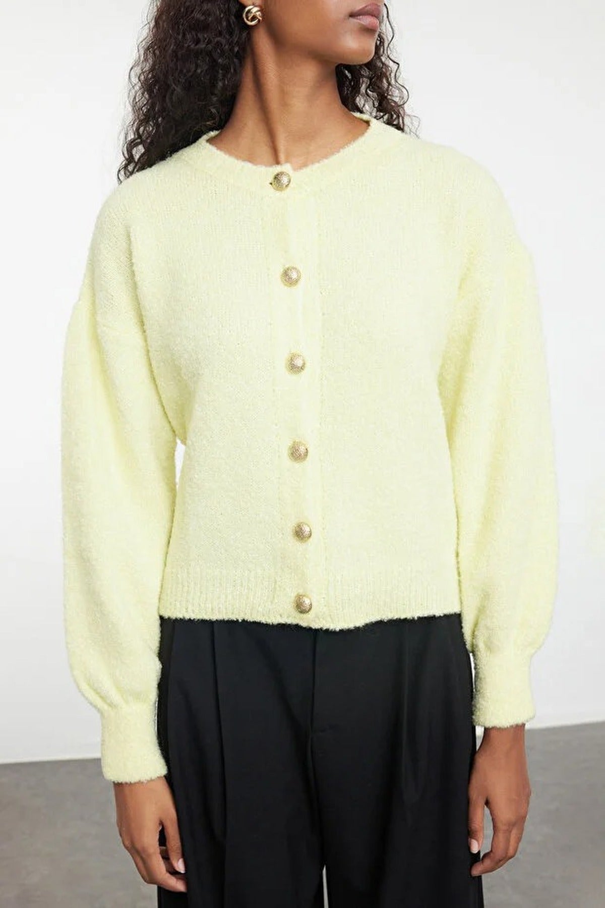 Soft-Textured Knit Cardigan with Button Detail and Balloon Sleeves