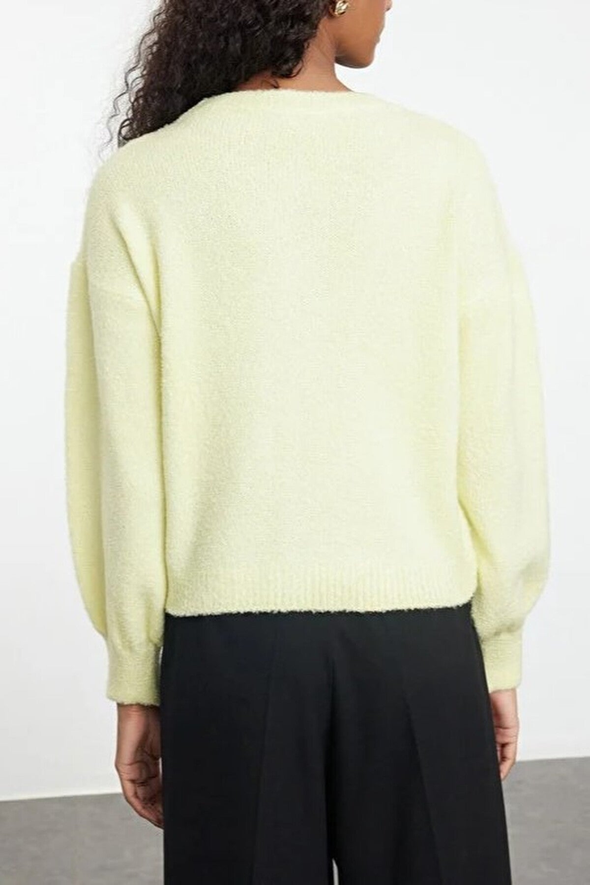 Soft-Textured Knit Cardigan with Button Detail and Balloon Sleeves