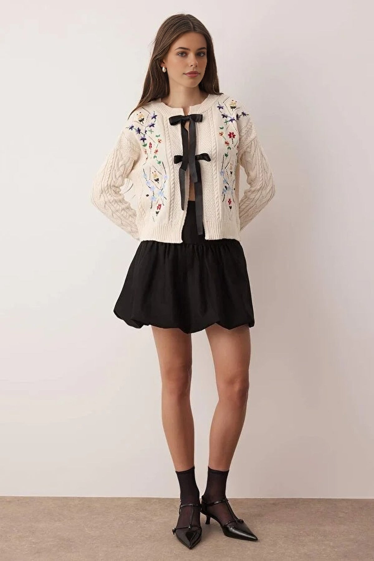 Knitted Cardigan with Ribbon Detail and Flower Embroidery
