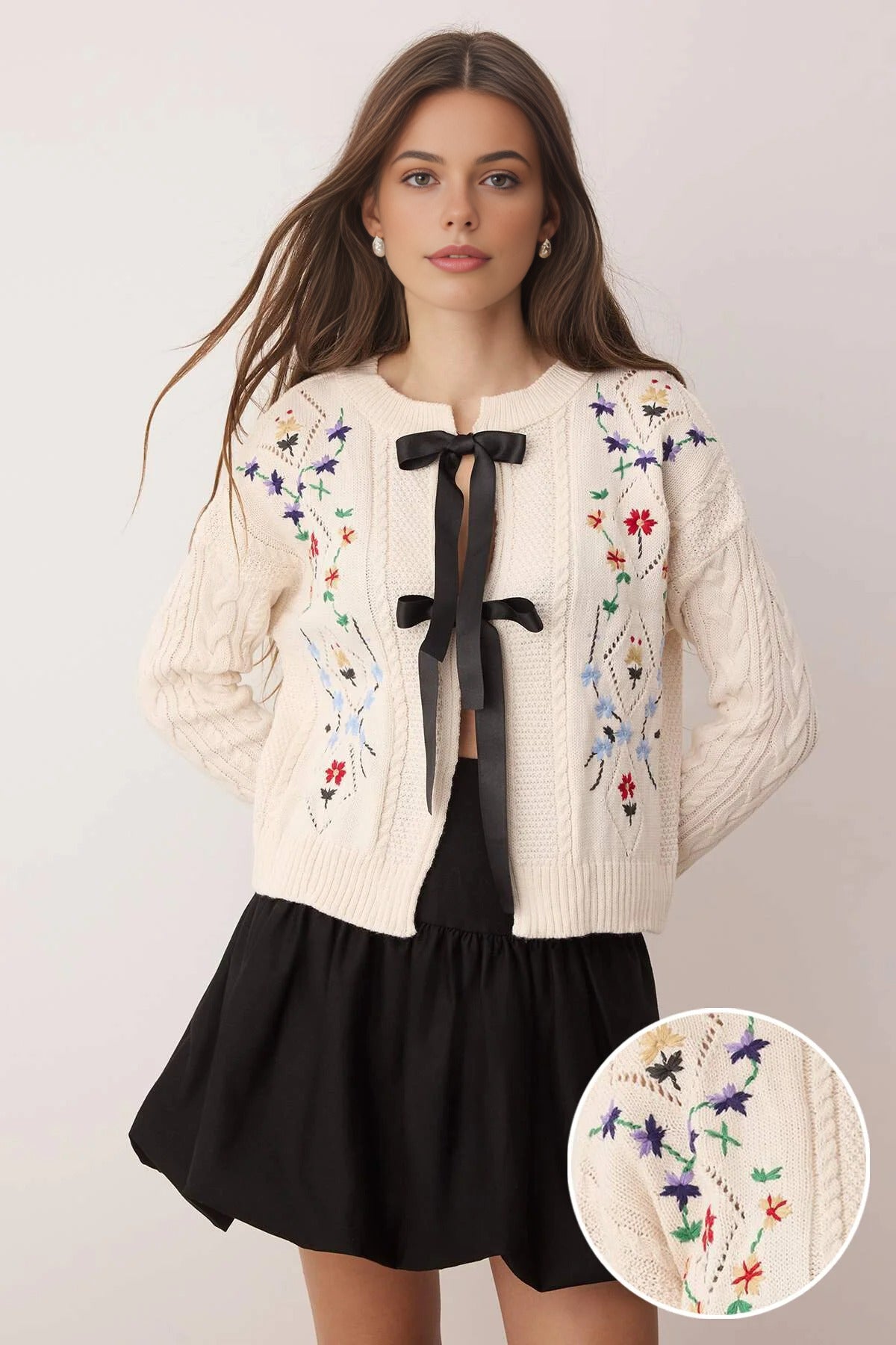Knitted Cardigan with Ribbon Detail and Flower Embroidery
