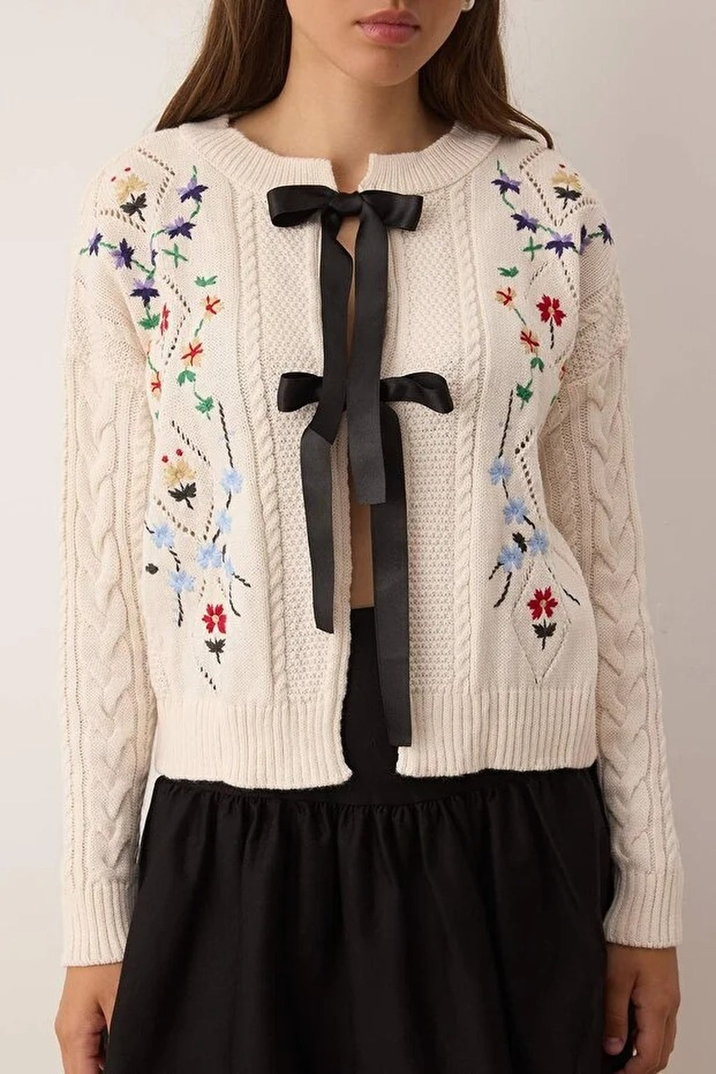 Knitted Cardigan with Ribbon Detail and Flower Embroidery