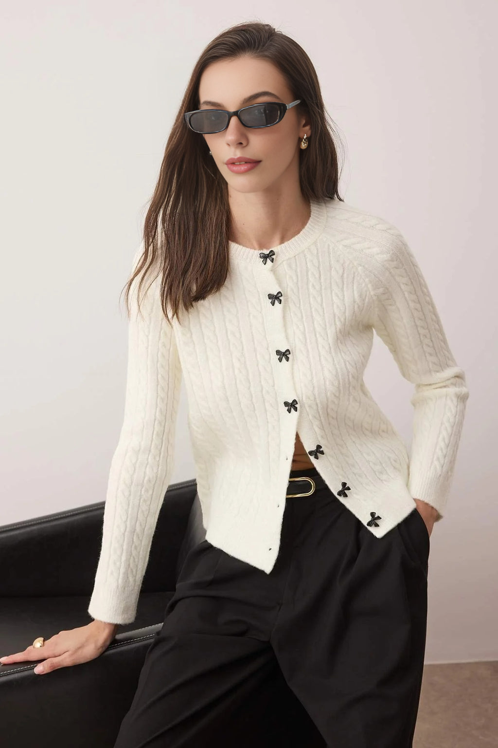 Soft-Textured Knit Cardigan with Ribbon Buttons Detail