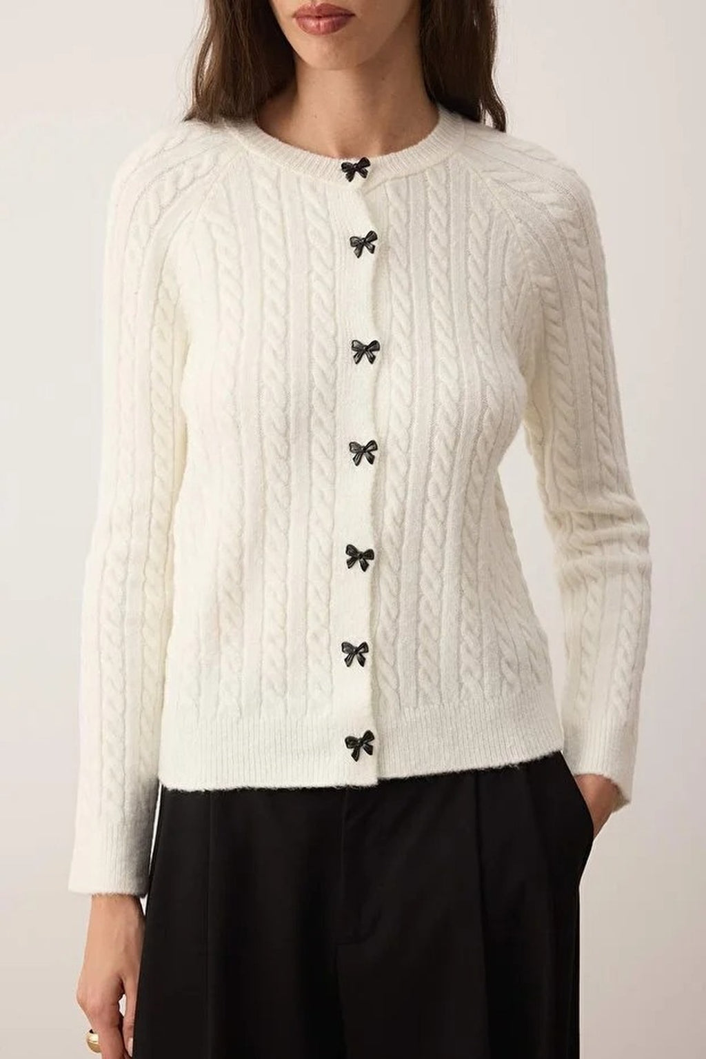 Soft-Textured Knit Cardigan with Ribbon Buttons Detail