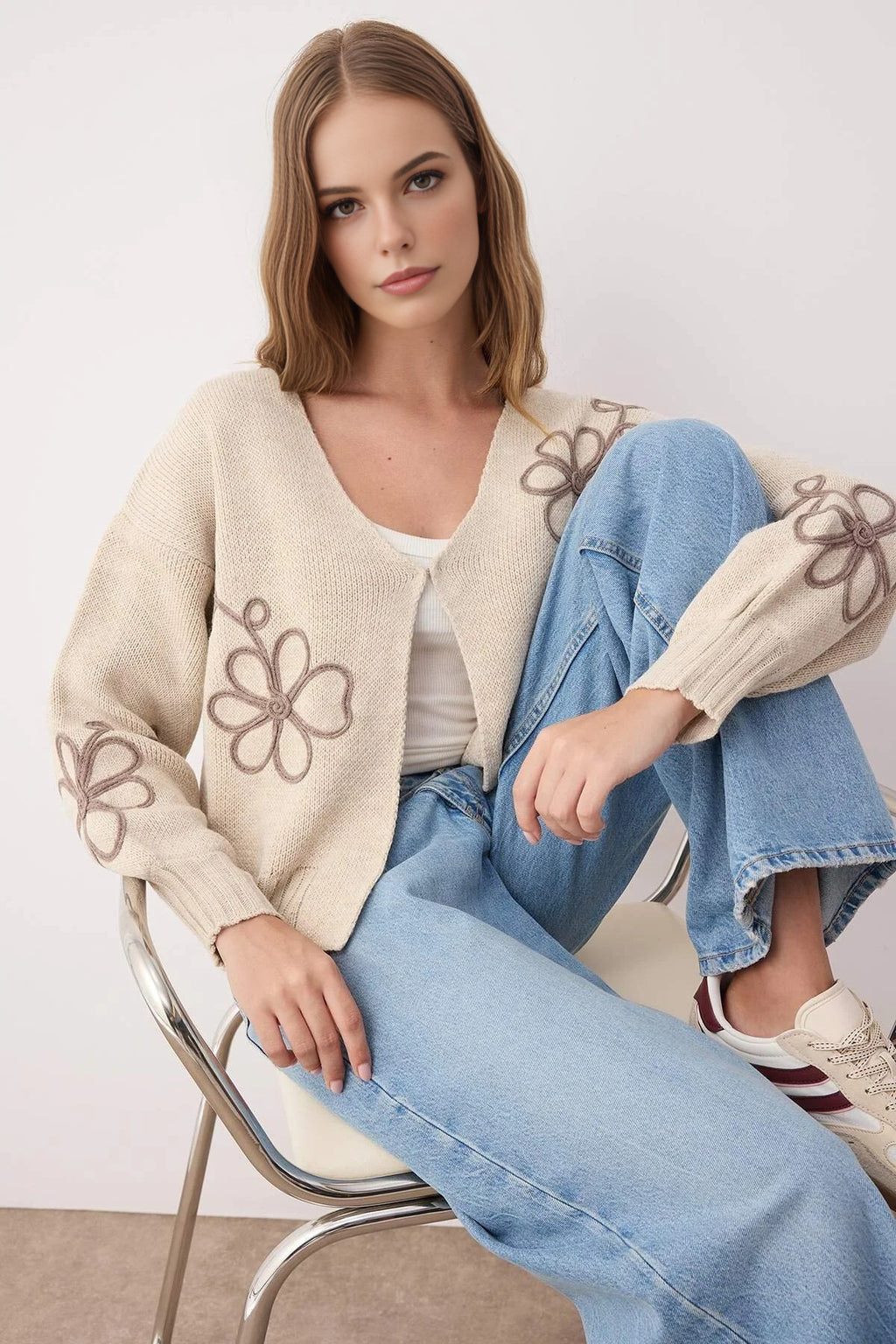 V-Neck Knit Cardigan with Embroidery Details