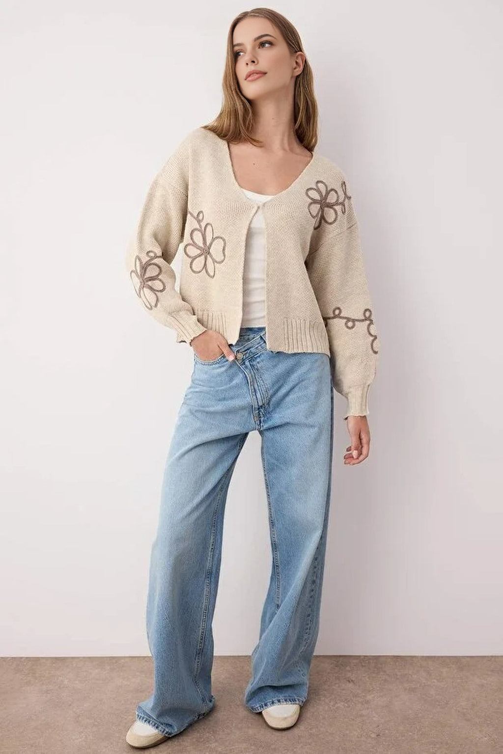 V-Neck Knit Cardigan with Embroidery Details