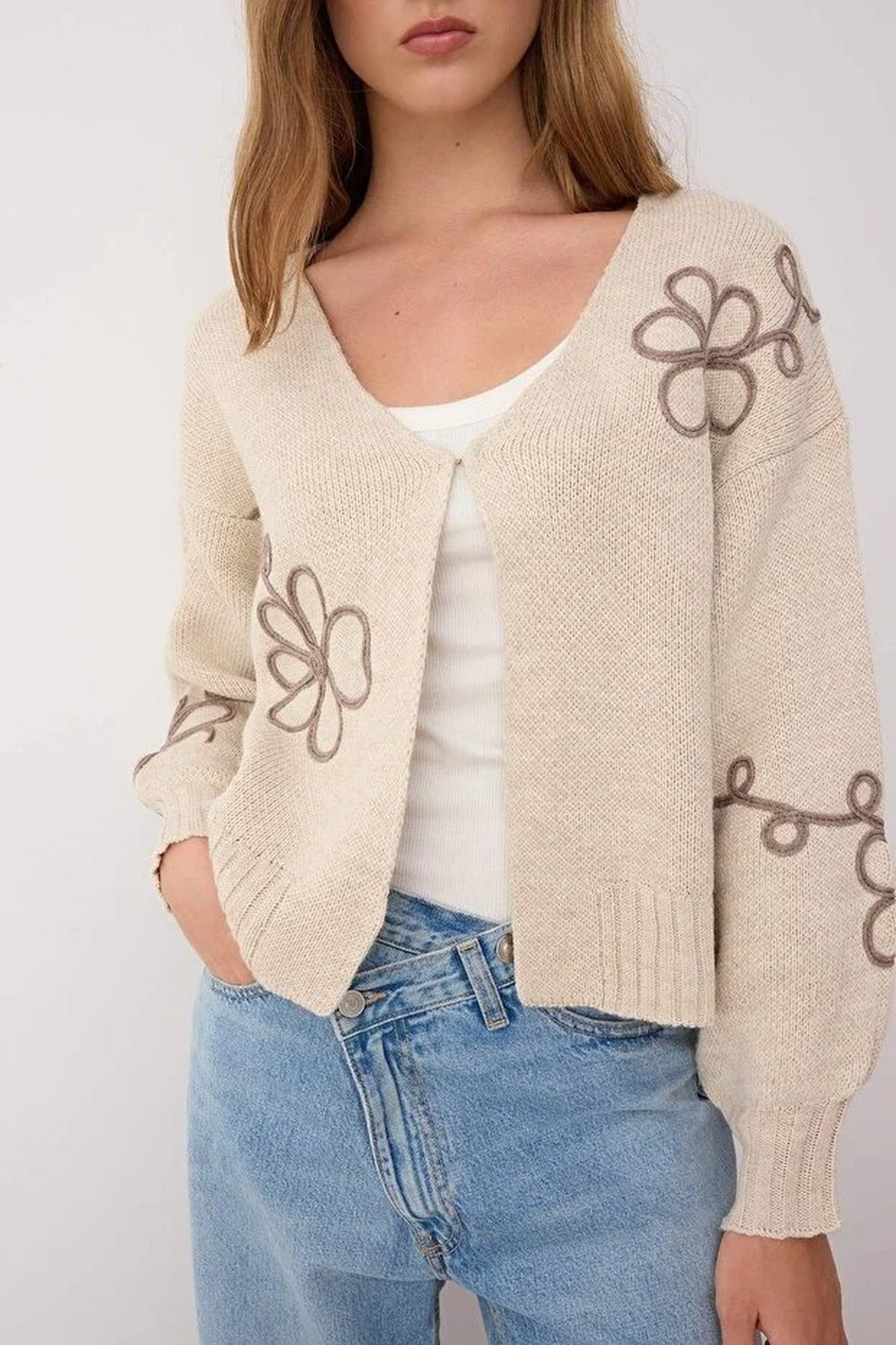 V-Neck Knit Cardigan with Embroidery Details
