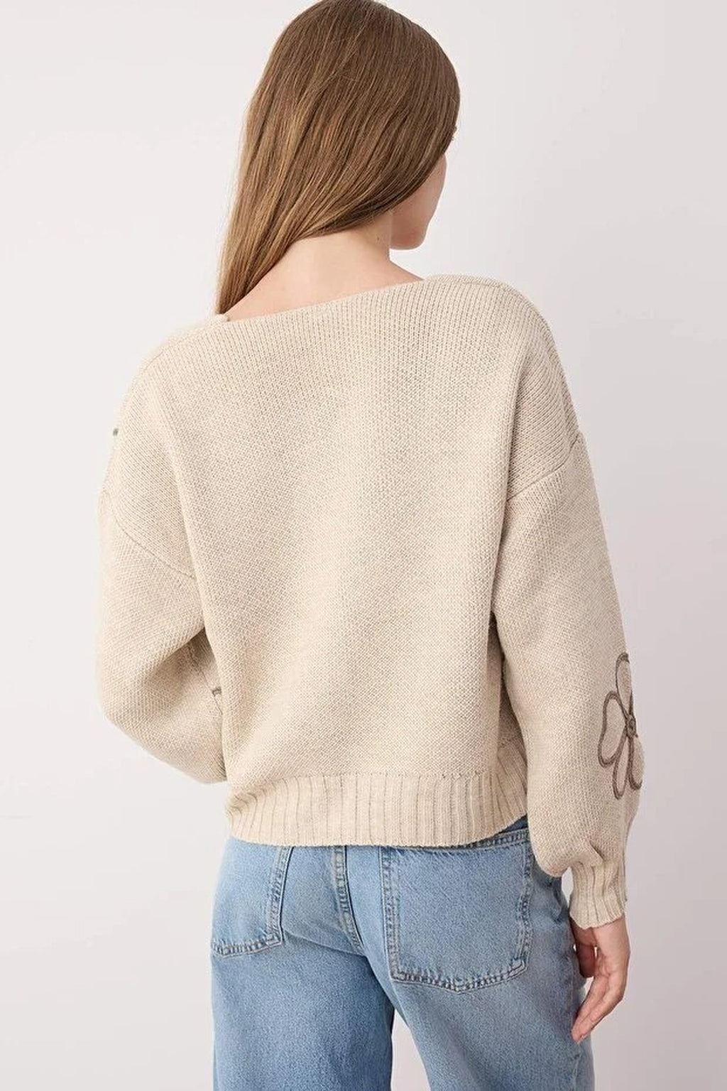 V-Neck Knit Cardigan with Embroidery Details