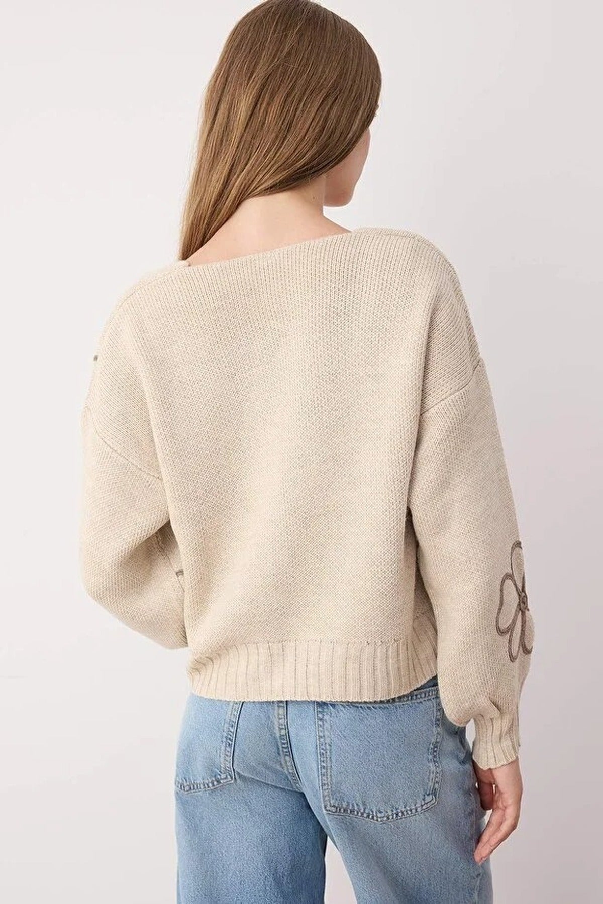 V-Neck Knit Cardigan with Embroidery Details