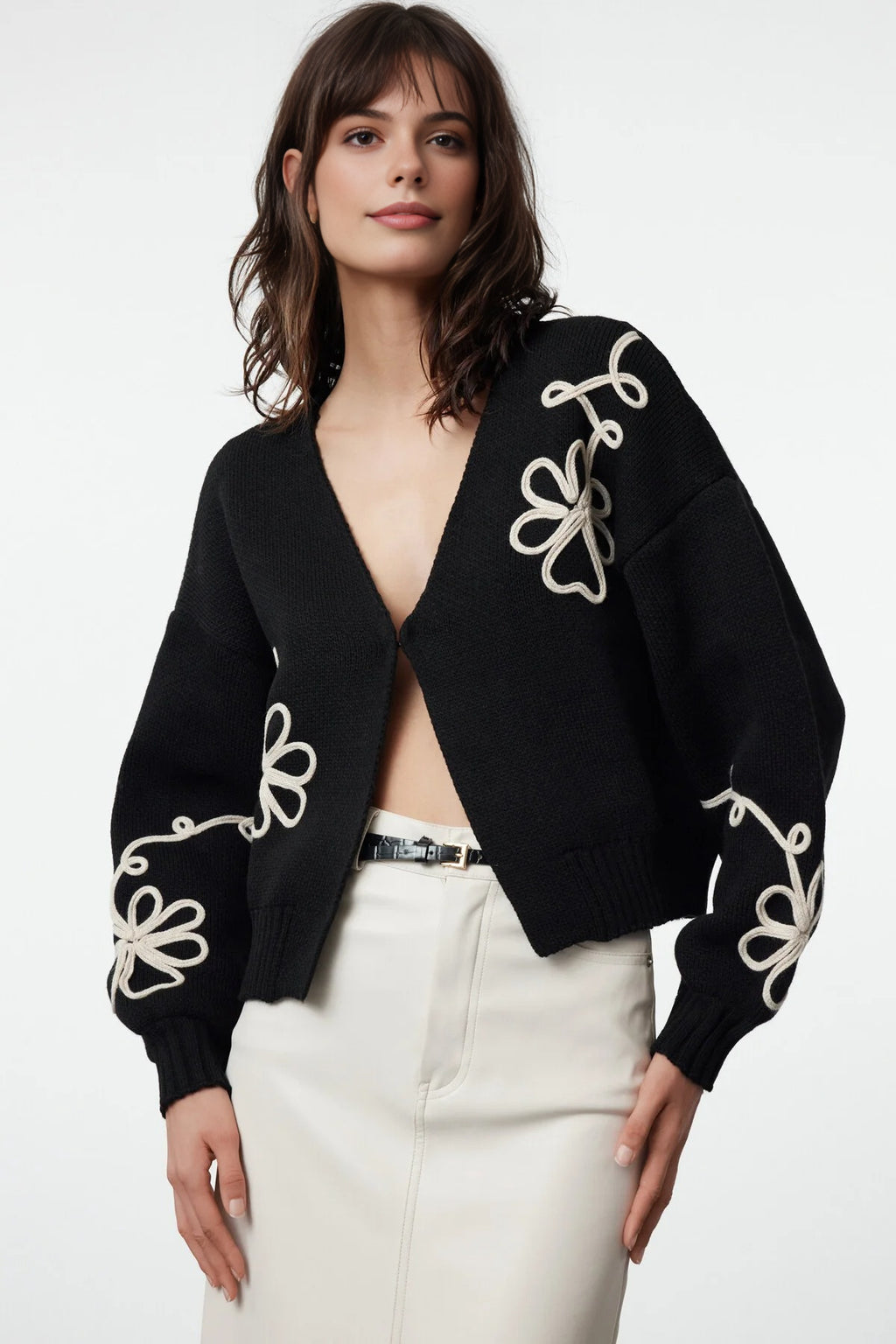V-Neck Knit Cardigan with Embroidery Details