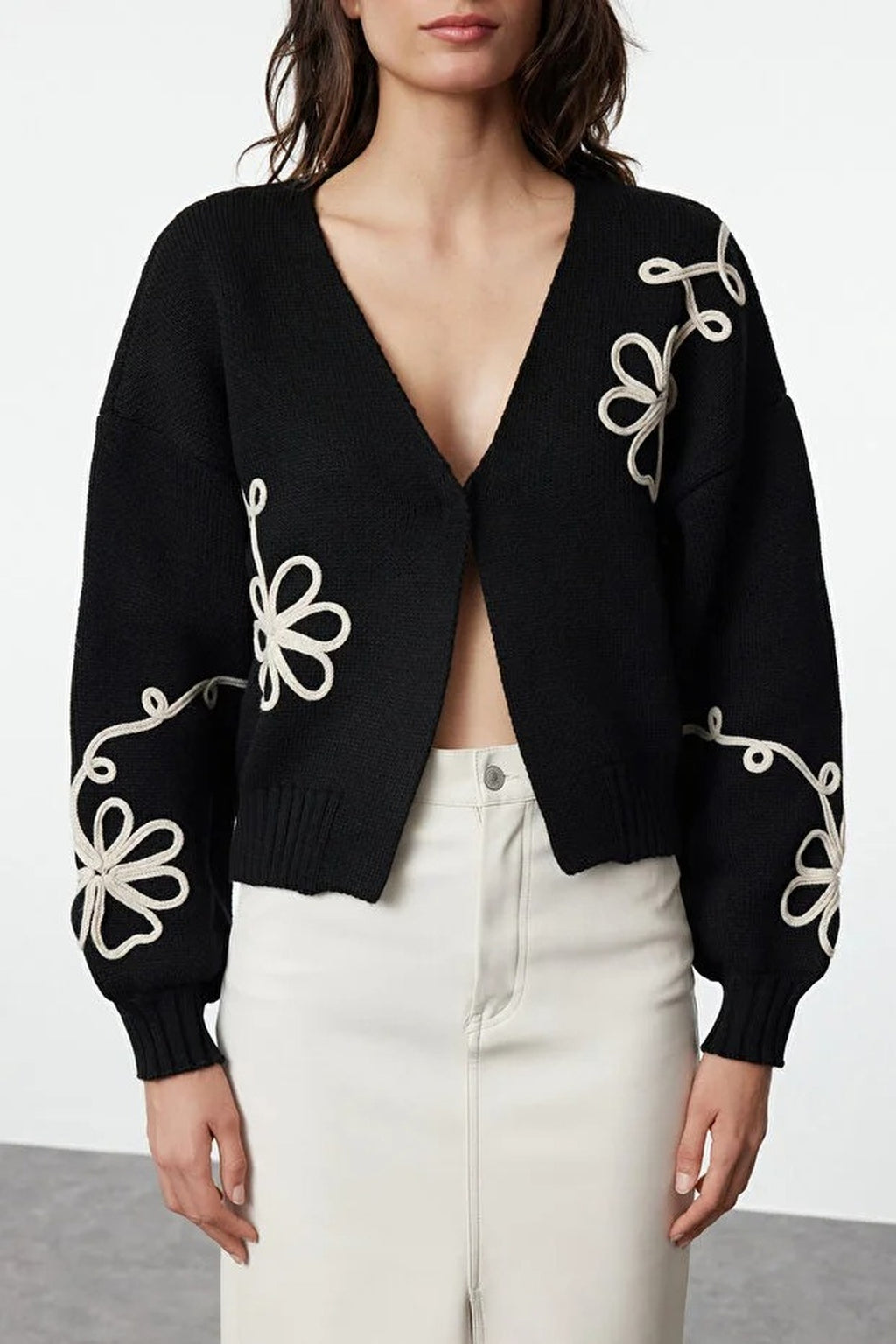 V-Neck Knit Cardigan with Embroidery Details