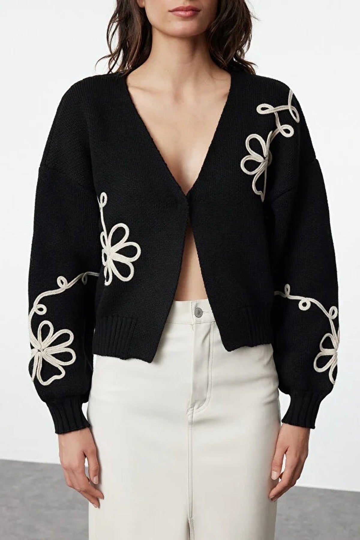 V-Neck Knit Cardigan with Embroidery Details
