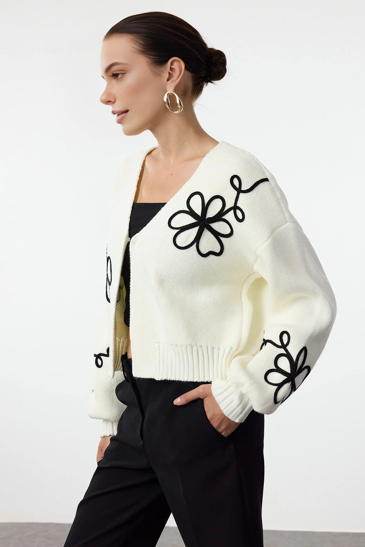 V-Neck Knit Cardigan with Embroidery Details