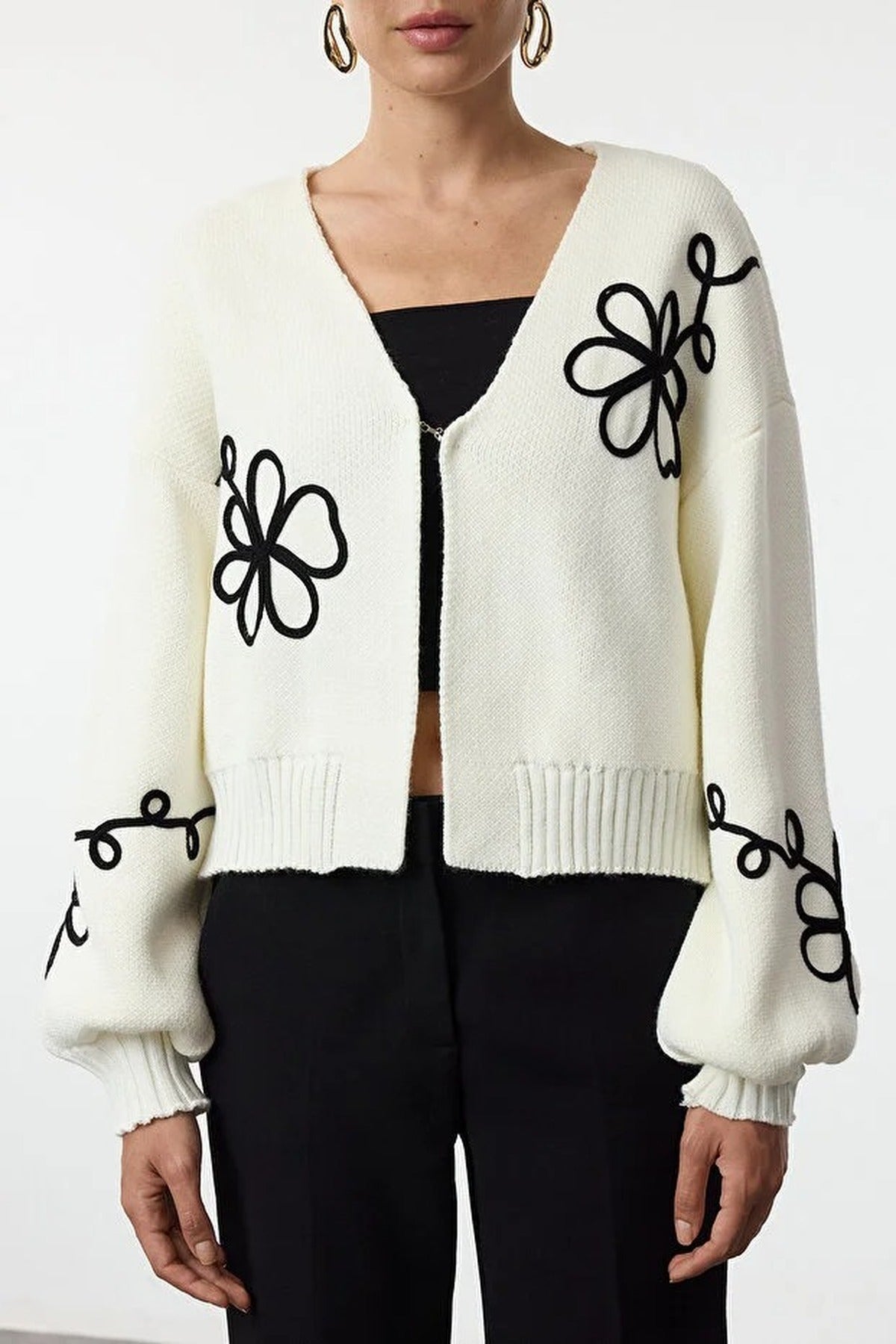 V-Neck Knit Cardigan with Embroidery Details