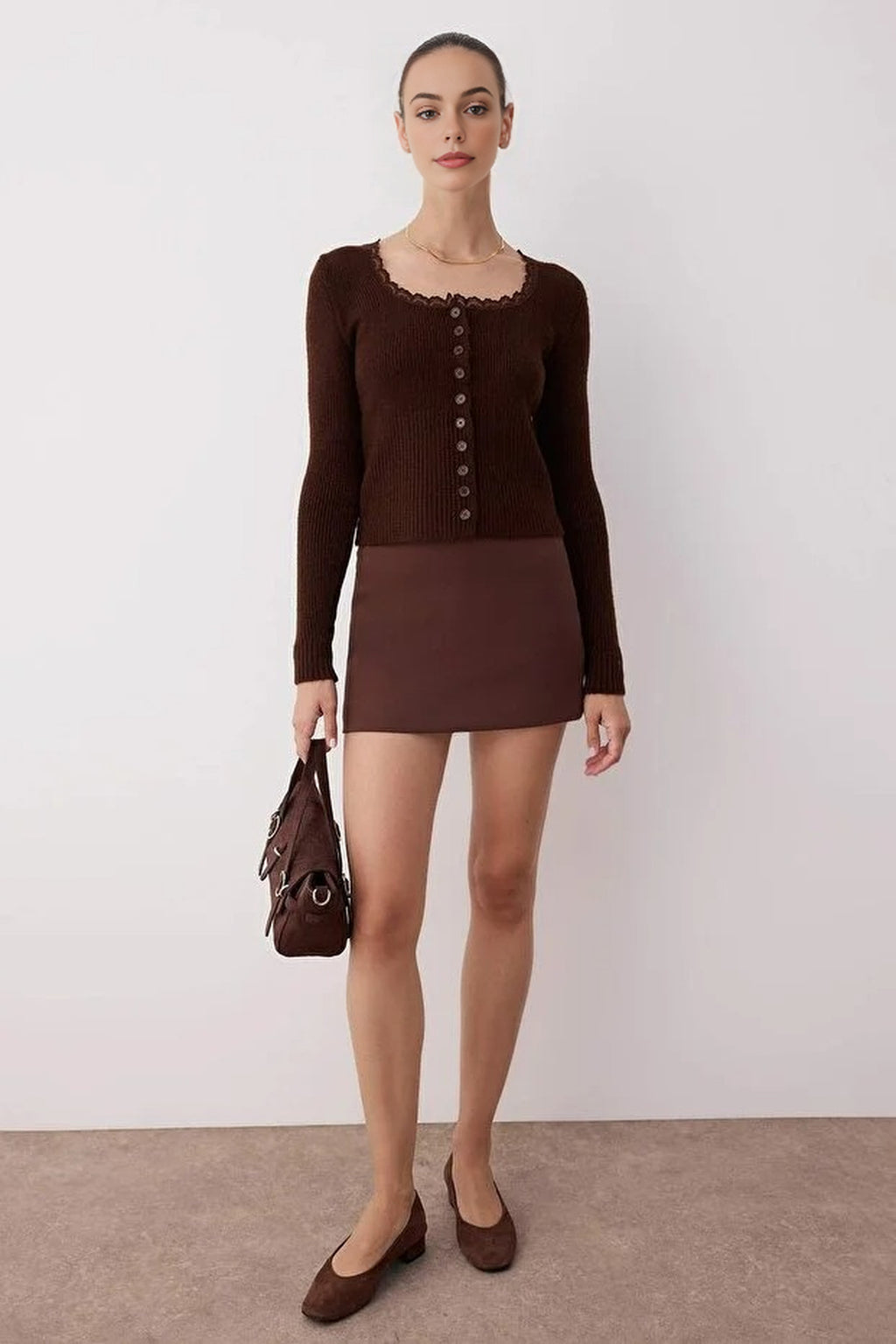 Crop Lace Garnish Square Neck Knit Cardigan