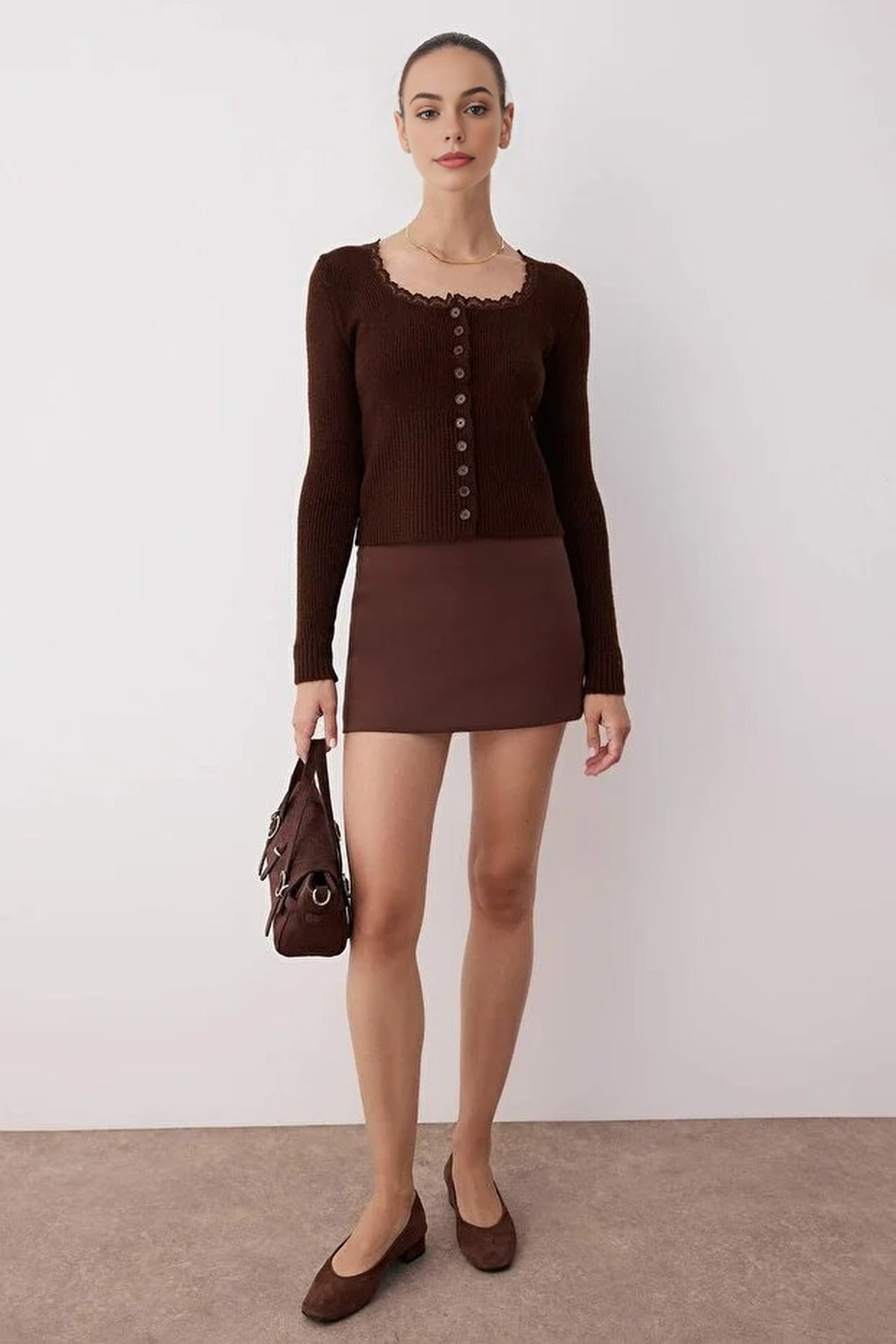 Crop Lace Garnish Square Neck Knit Cardigan