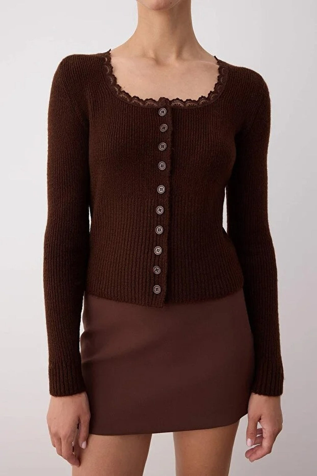 Crop Lace Garnish Square Neck Knit Cardigan