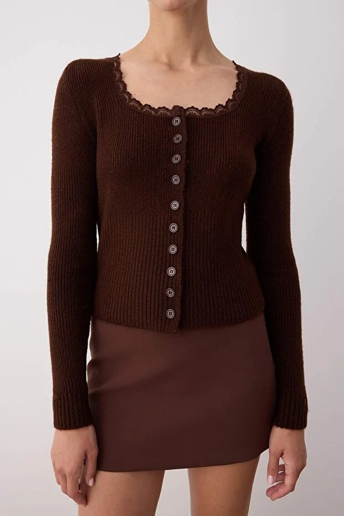 Crop Lace Garnish Square Neck Knit Cardigan