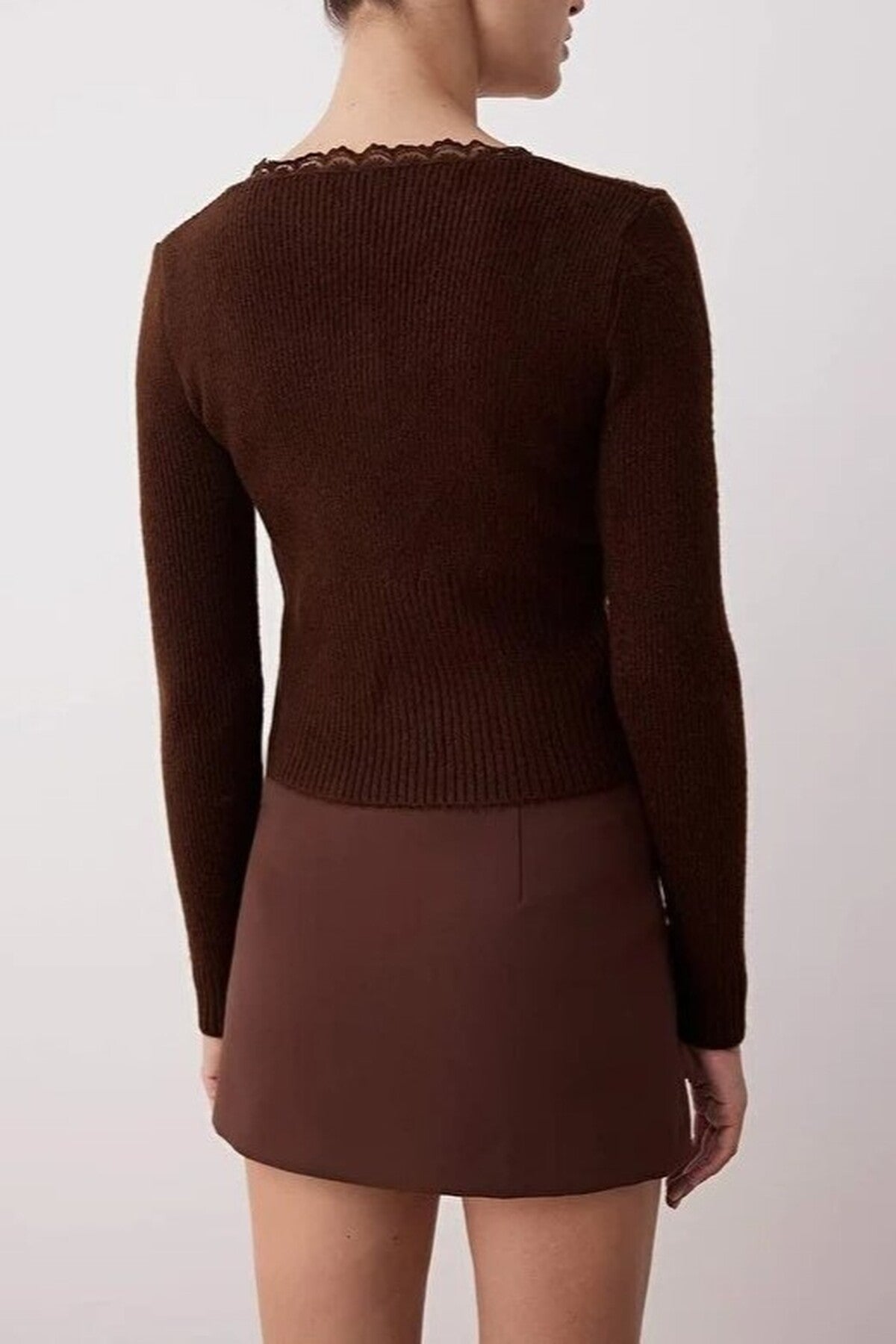 Crop Lace Garnish Square Neck Knit Cardigan