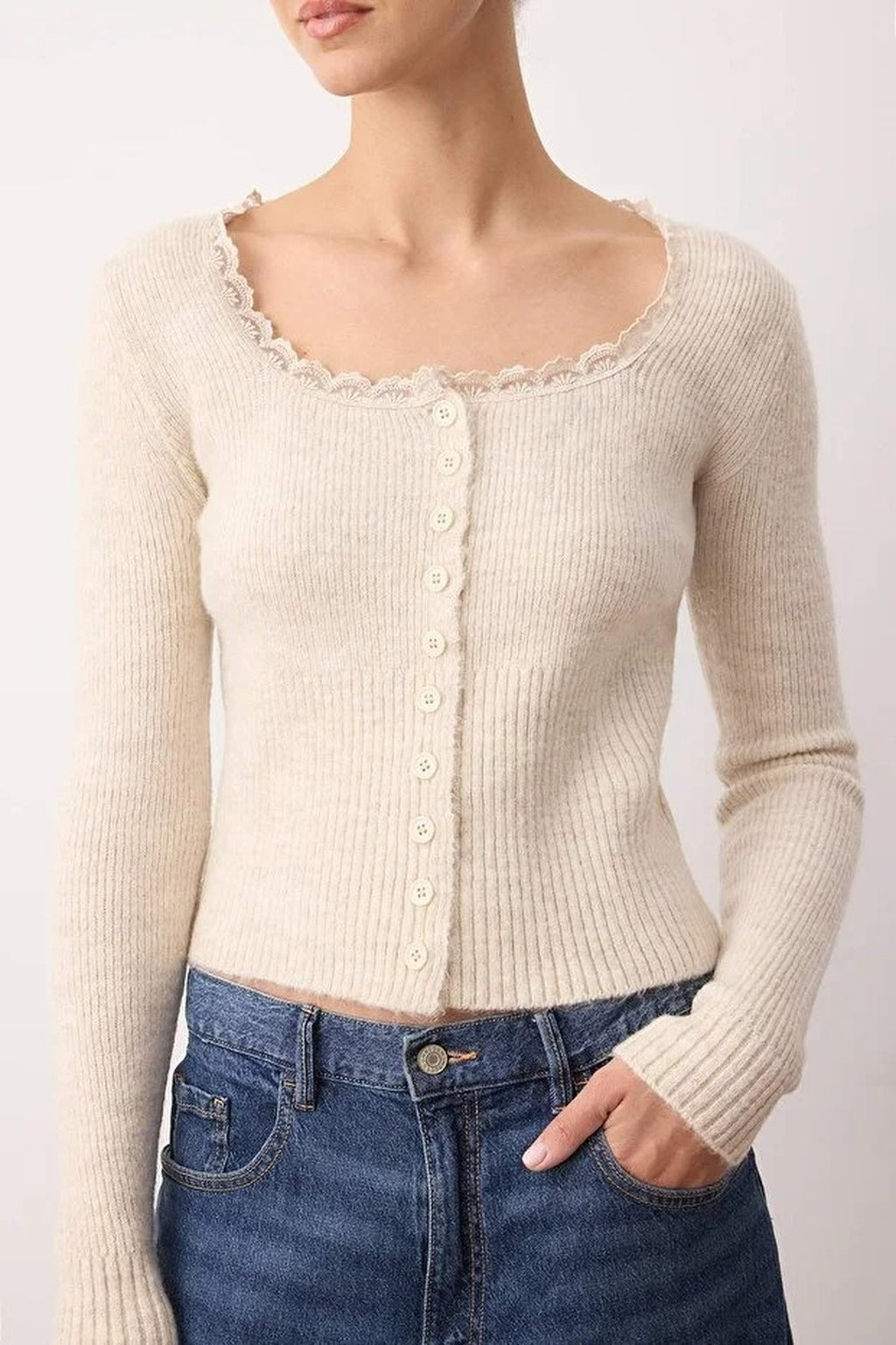 Crop Lace Garnish Square Neck Knit Cardigan