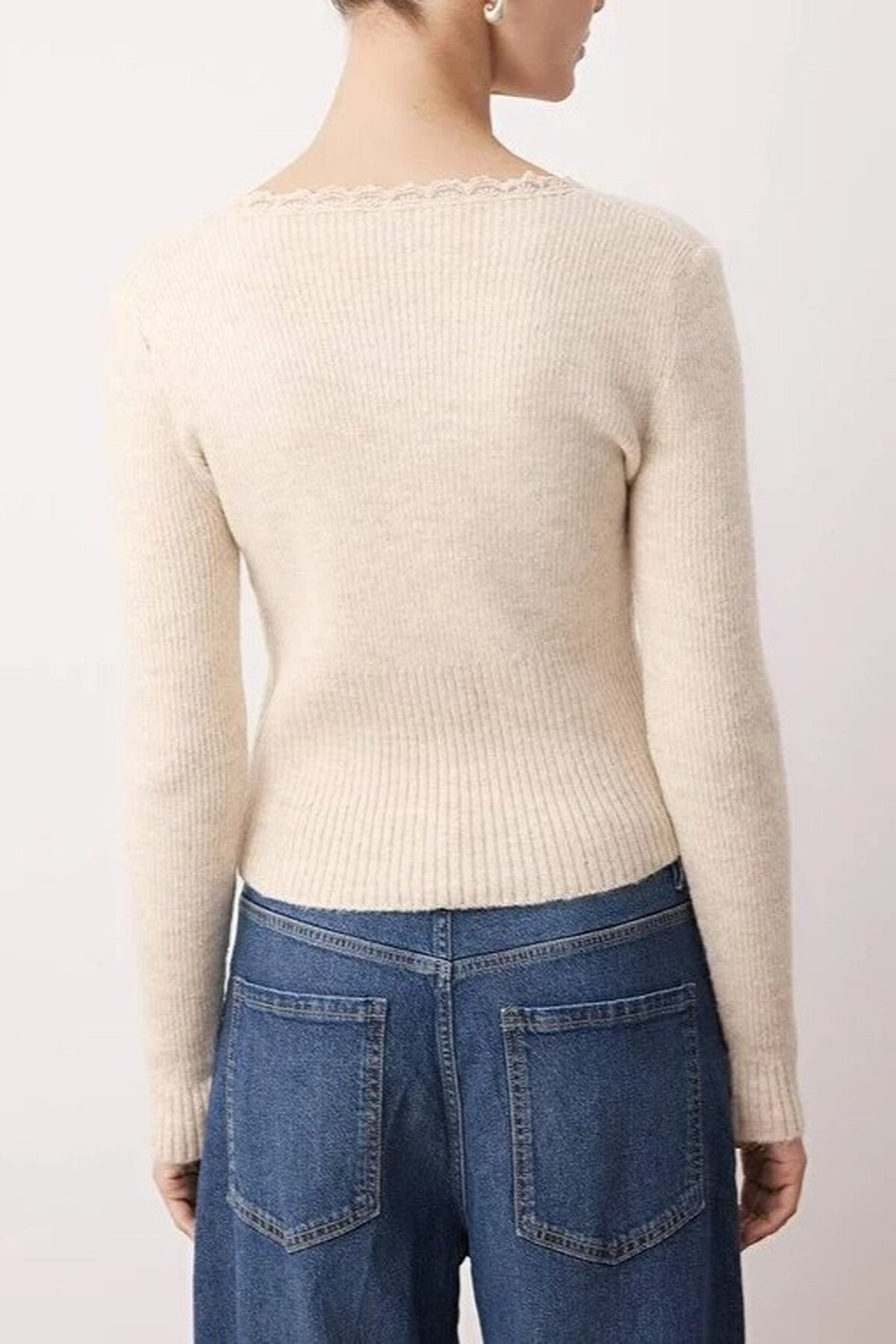 Crop Lace Garnish Square Neck Knit Cardigan