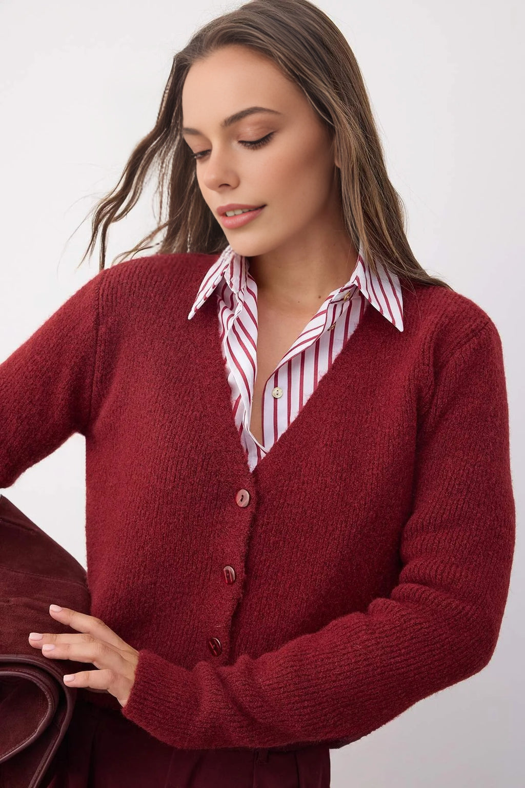 Crop Soft-Textured V Neck Knit Cardigan with Button Detail