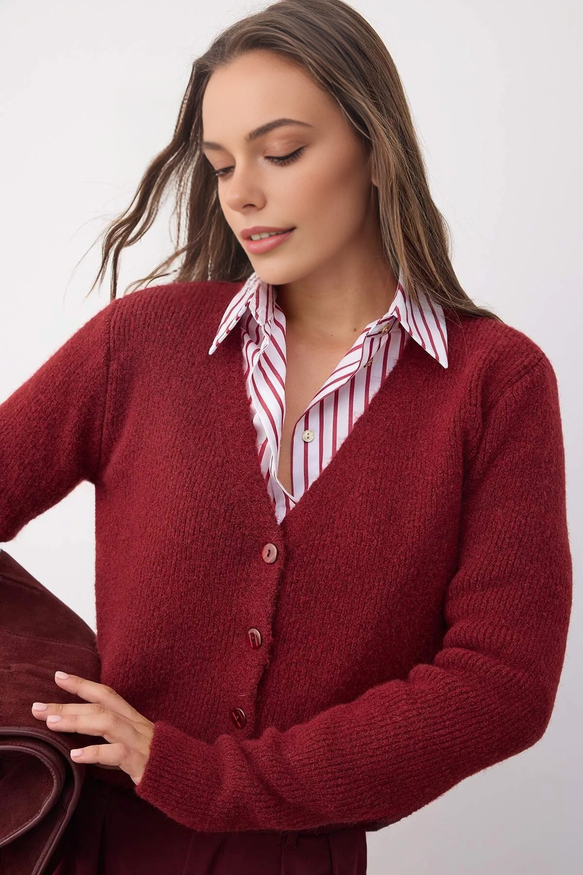 Crop Soft-Textured V Neck Knit Cardigan with Button Detail