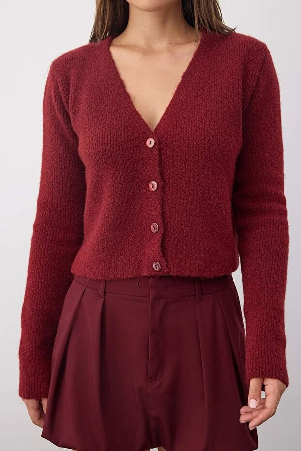 Crop Soft-Textured V Neck Knit Cardigan with Button Detail