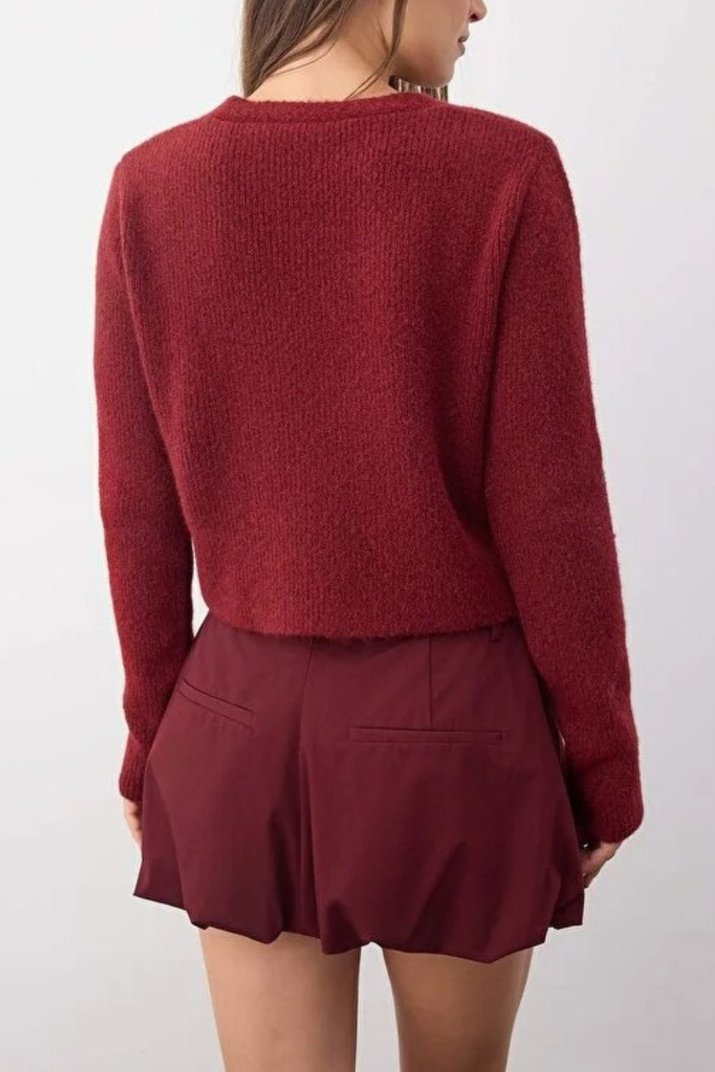 Crop Soft-Textured V Neck Knit Cardigan with Button Detail