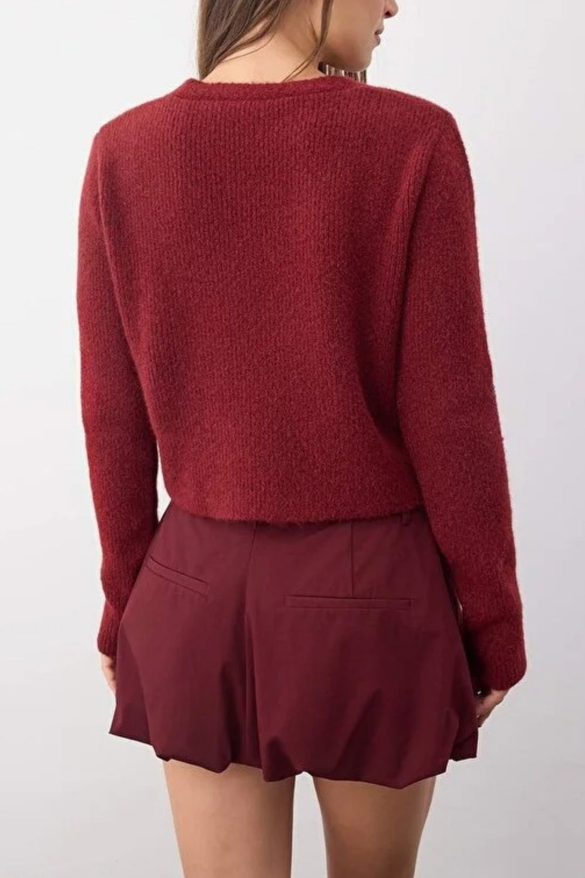 Crop Soft-Textured V Neck Knit Cardigan with Button Detail