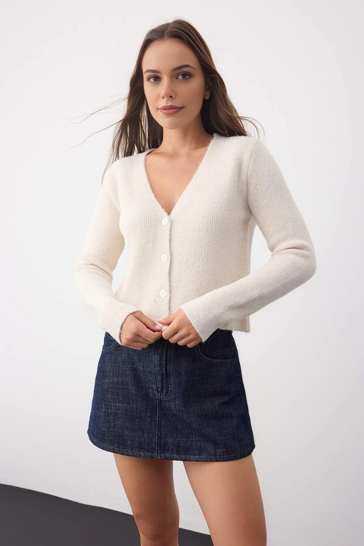 Crop Soft-Textured V Neck Knit Cardigan with Button Detail