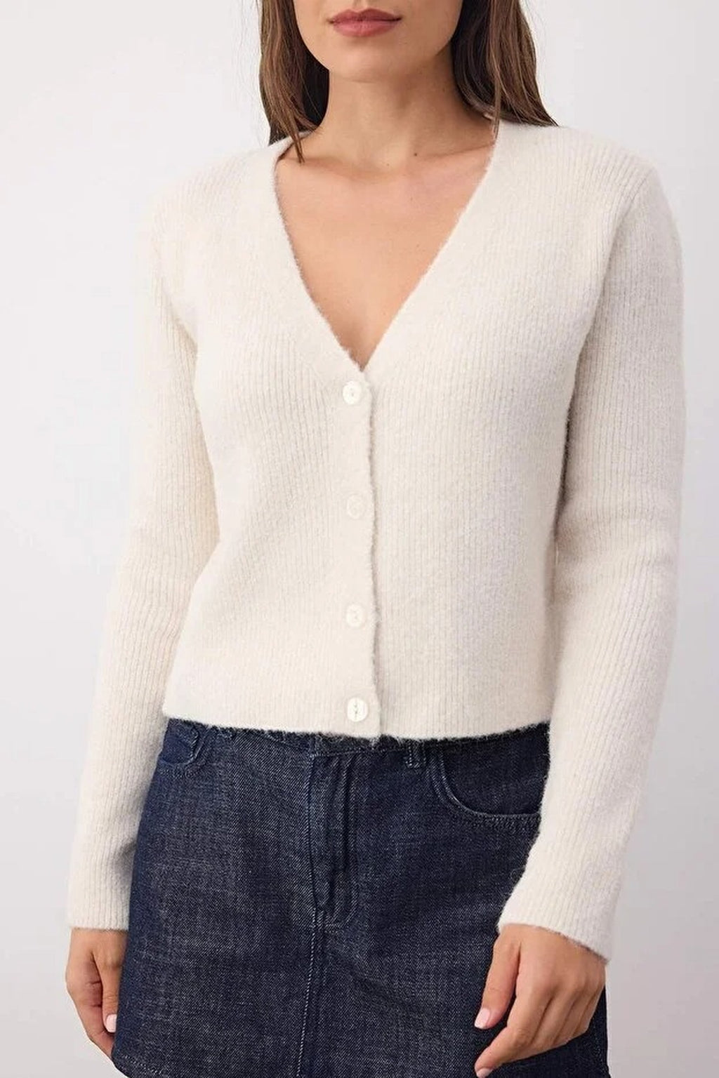 Crop Soft-Textured V Neck Knit Cardigan with Button Detail