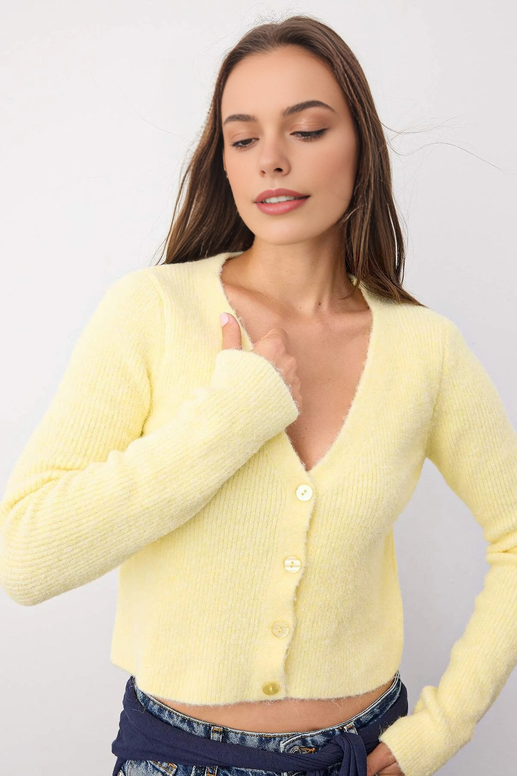 Crop Soft-Textured V Neck Knit Cardigan with Button Detail