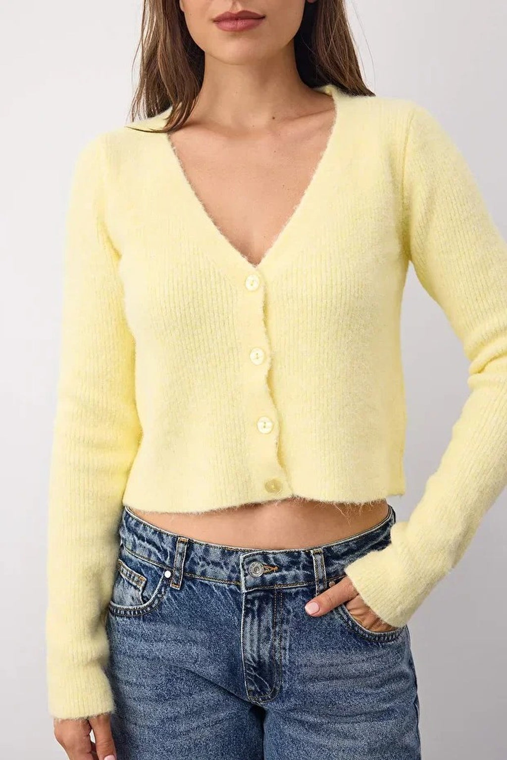 Crop Soft-Textured V Neck Knit Cardigan with Button Detail