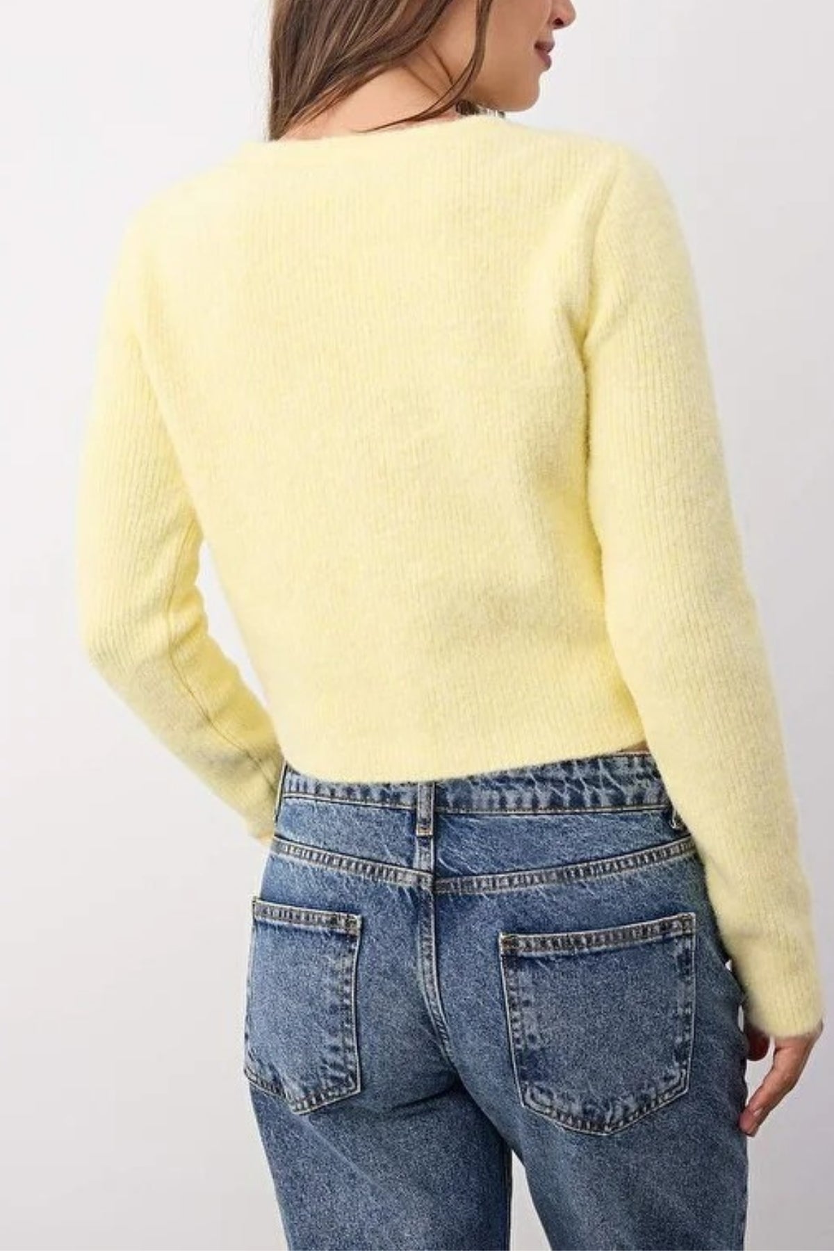 Crop Soft-Textured V Neck Knit Cardigan with Button Detail