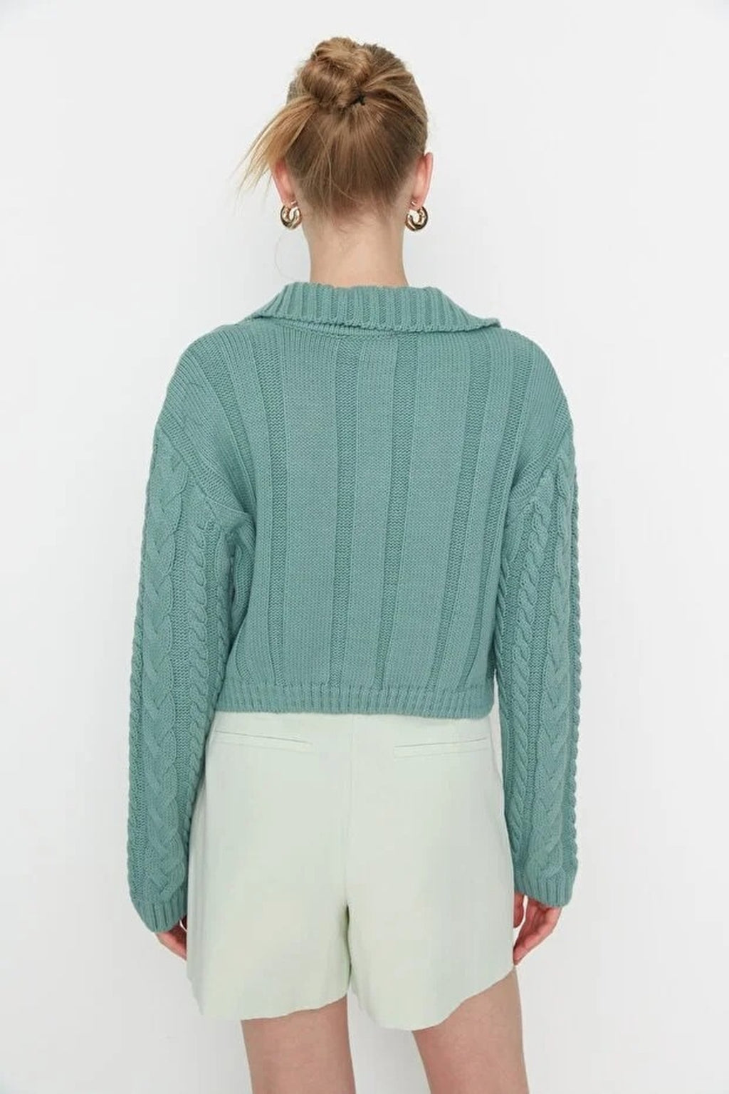 Crop Polo Neck Knit Cardigan with Covered Button Detail