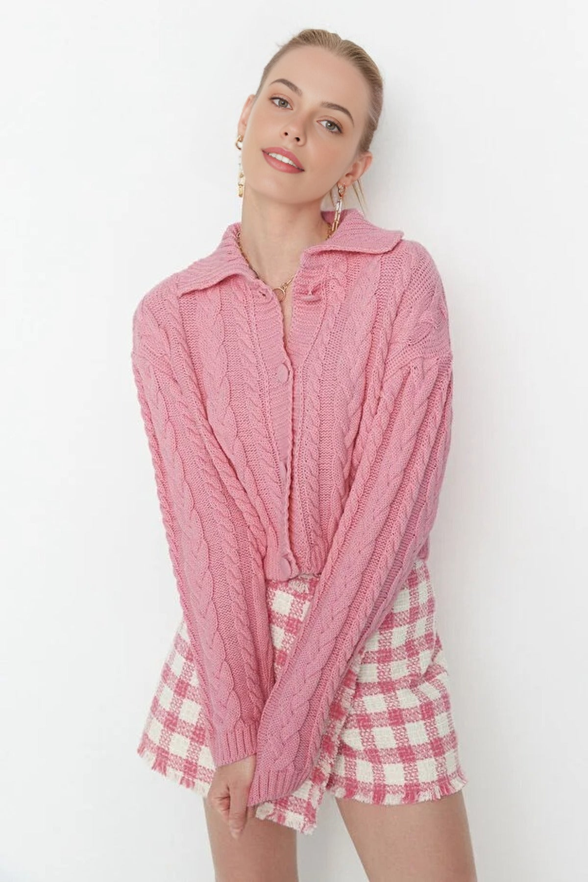 Crop Polo Neck Knit Cardigan with Covered Button Detail