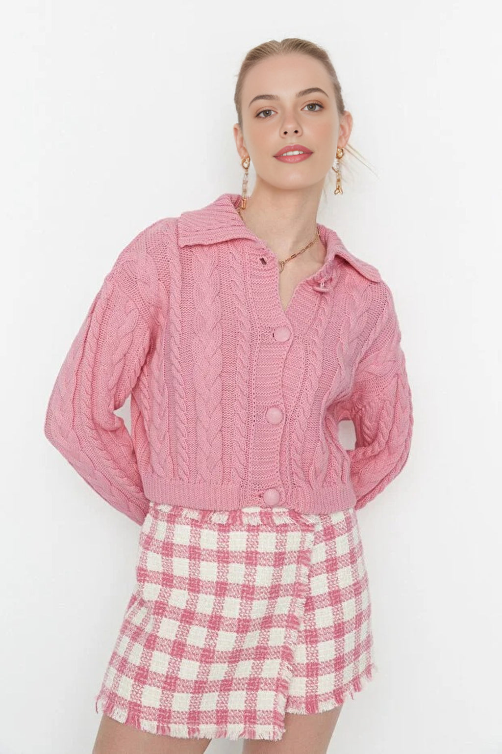 Crop Polo Neck Knit Cardigan with Covered Button Detail