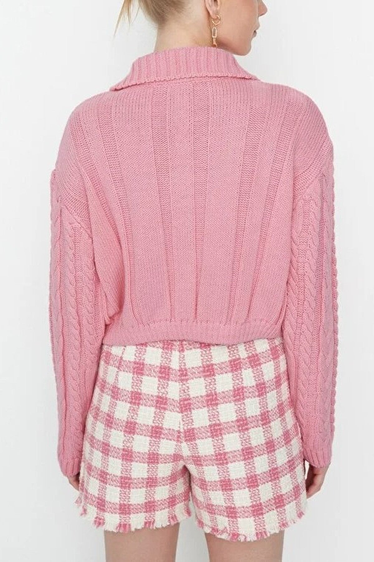 Crop Polo Neck Knit Cardigan with Covered Button Detail