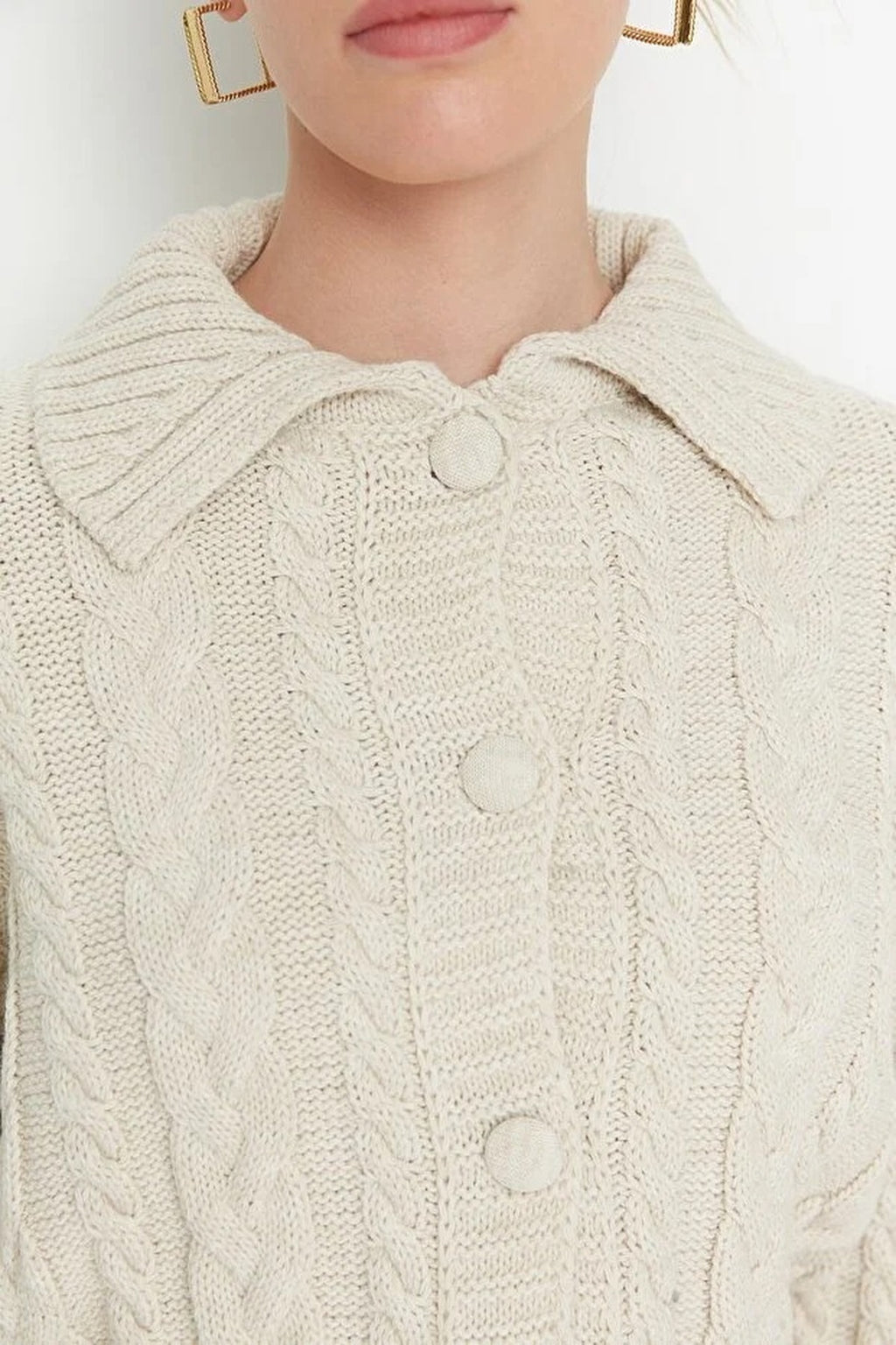 Crop Polo Neck Knit Cardigan with Covered Button Detail