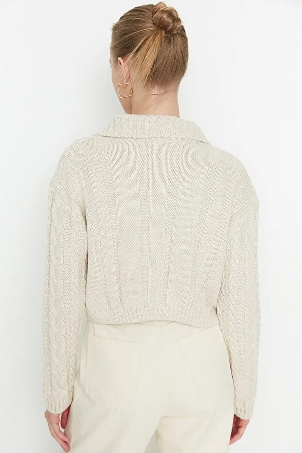 Crop Polo Neck Knit Cardigan with Covered Button Detail