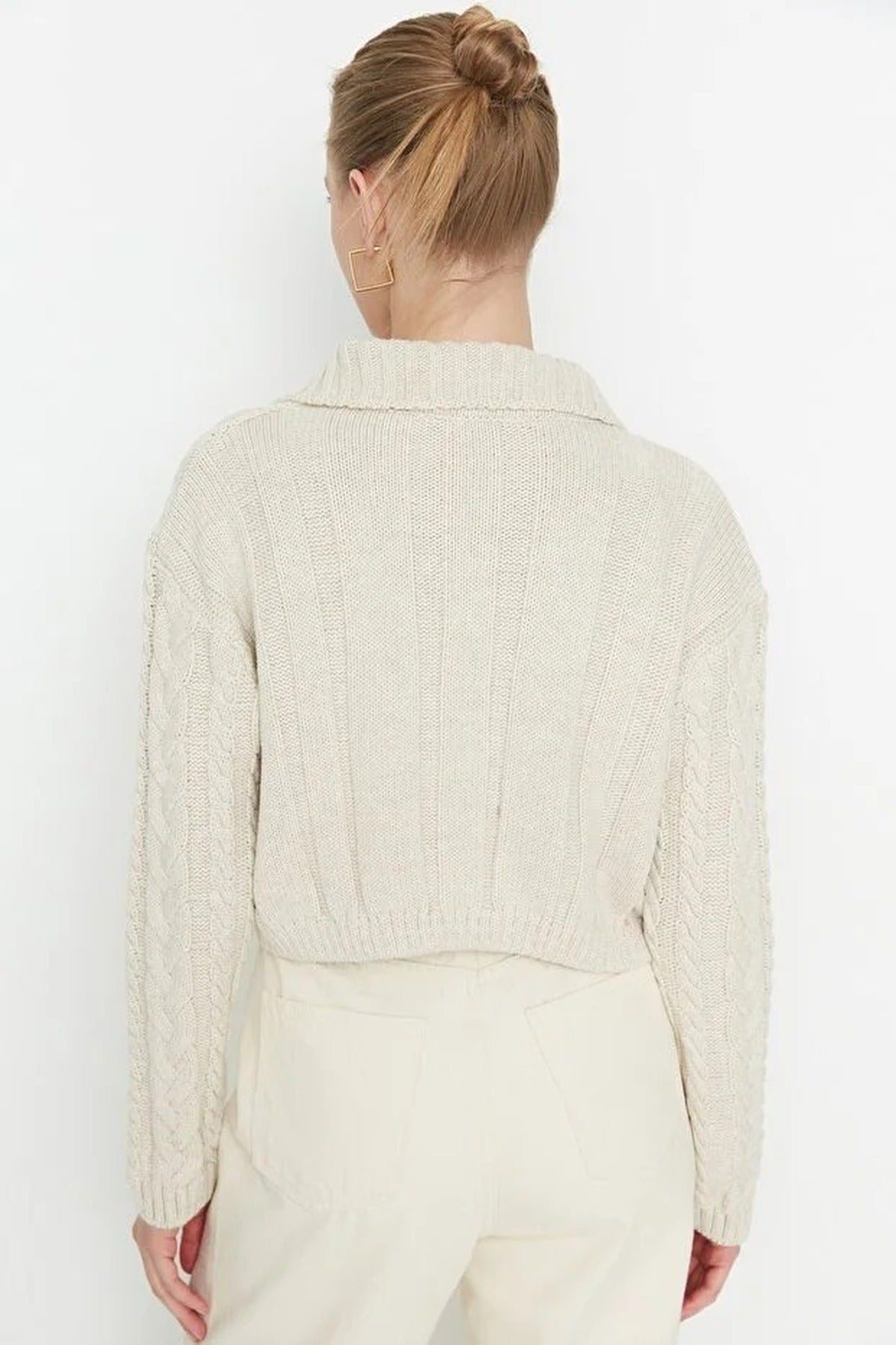 Crop Polo Neck Knit Cardigan with Covered Button Detail