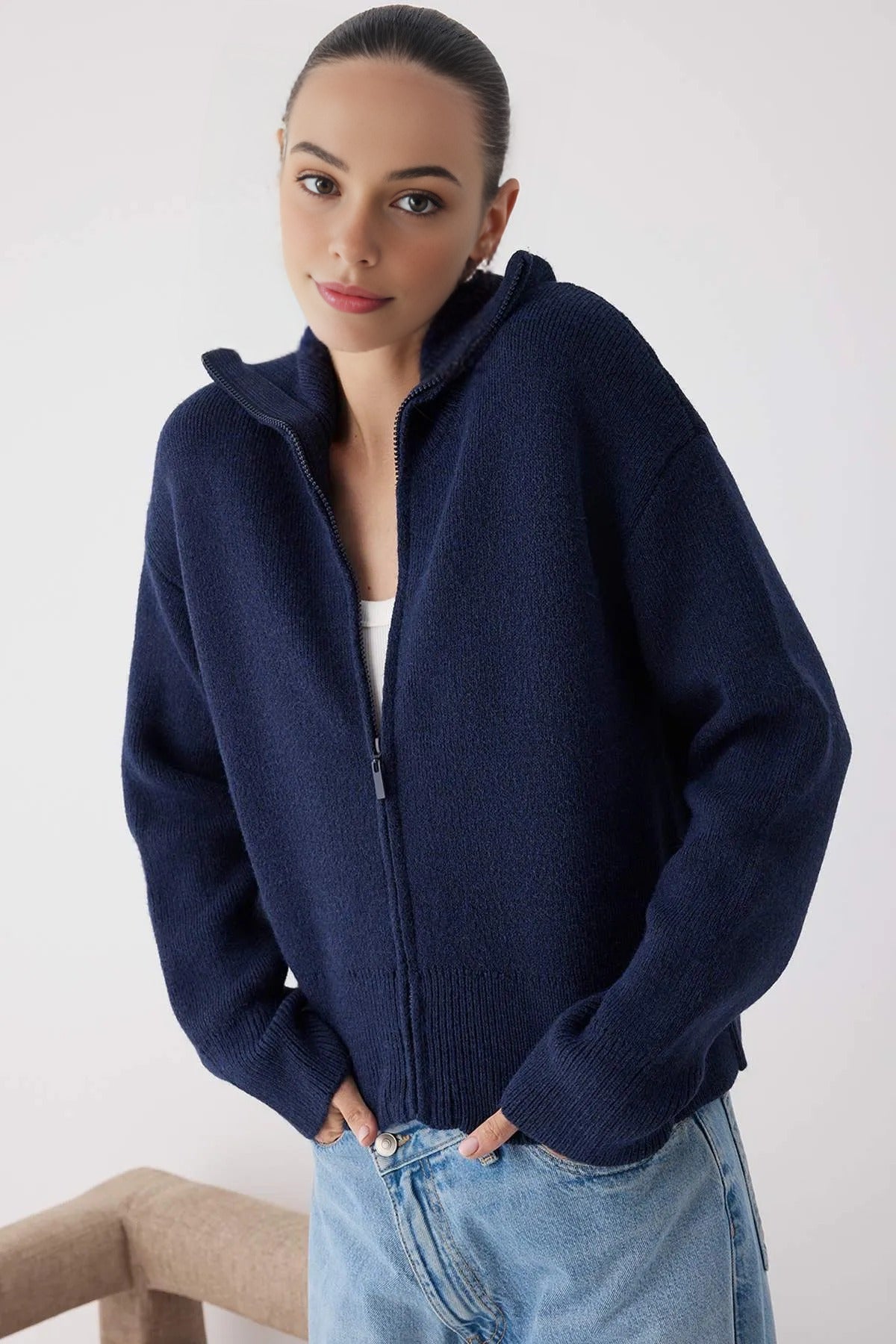 Soft Textured Oversize Knit Cardigan with Zipper
