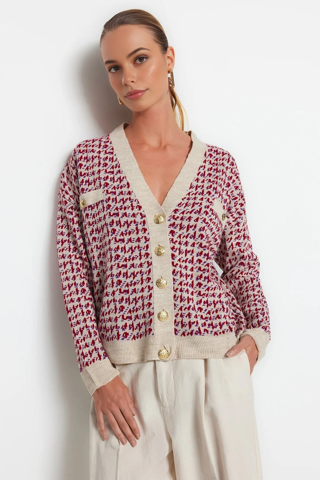 Patterned Knit Cardigan with Buttons Detail
