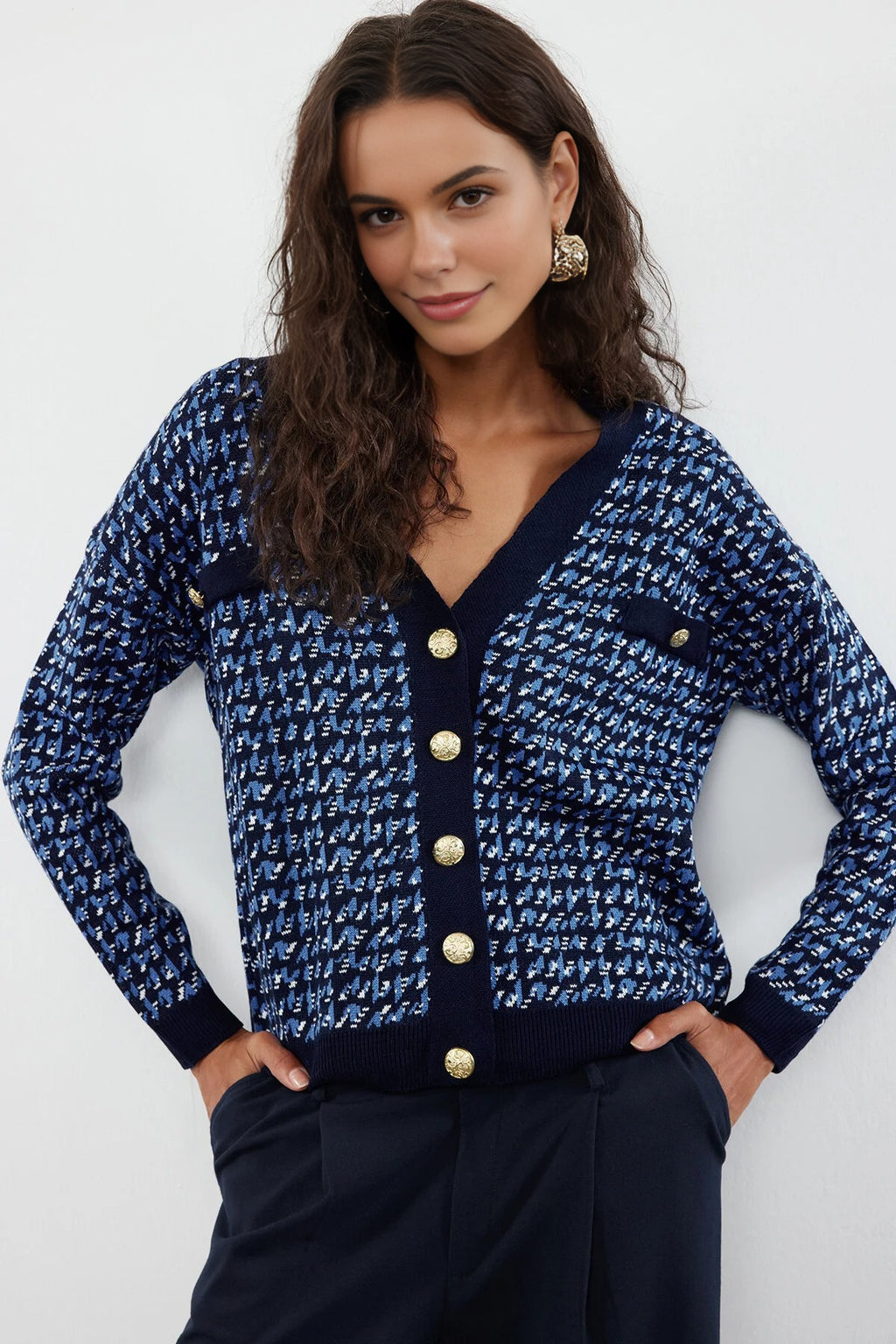 Patterned Knit Cardigan with Buttons Detail