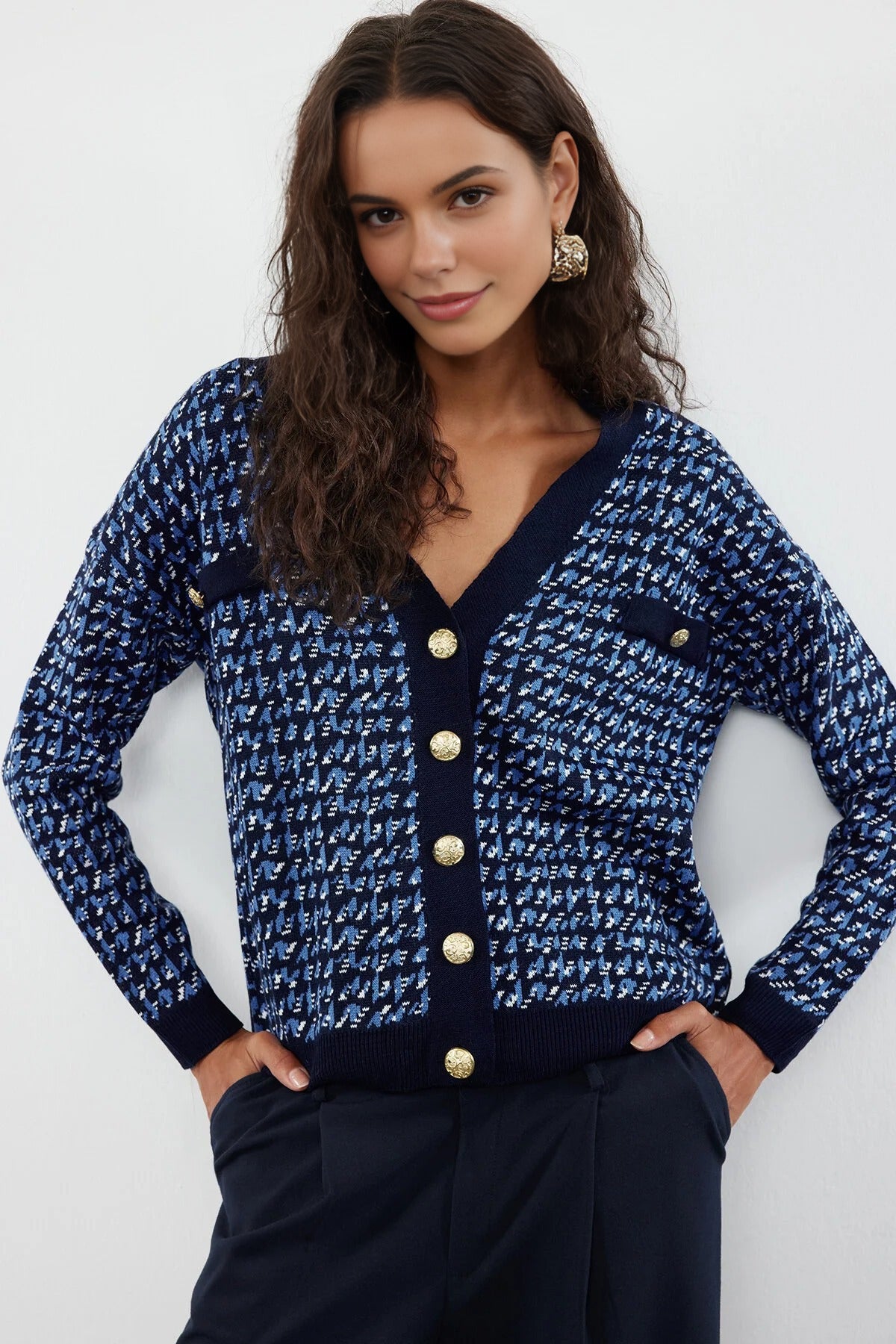 Patterned Knit Cardigan with Buttons Detail