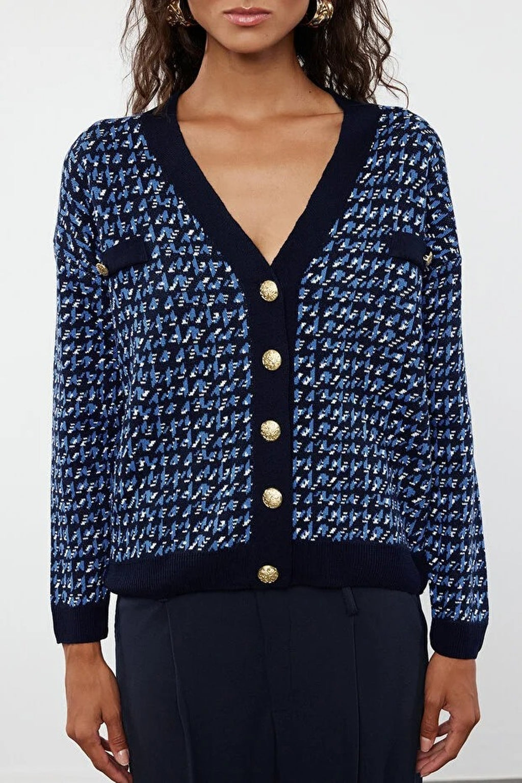 Patterned Knit Cardigan with Buttons Detail