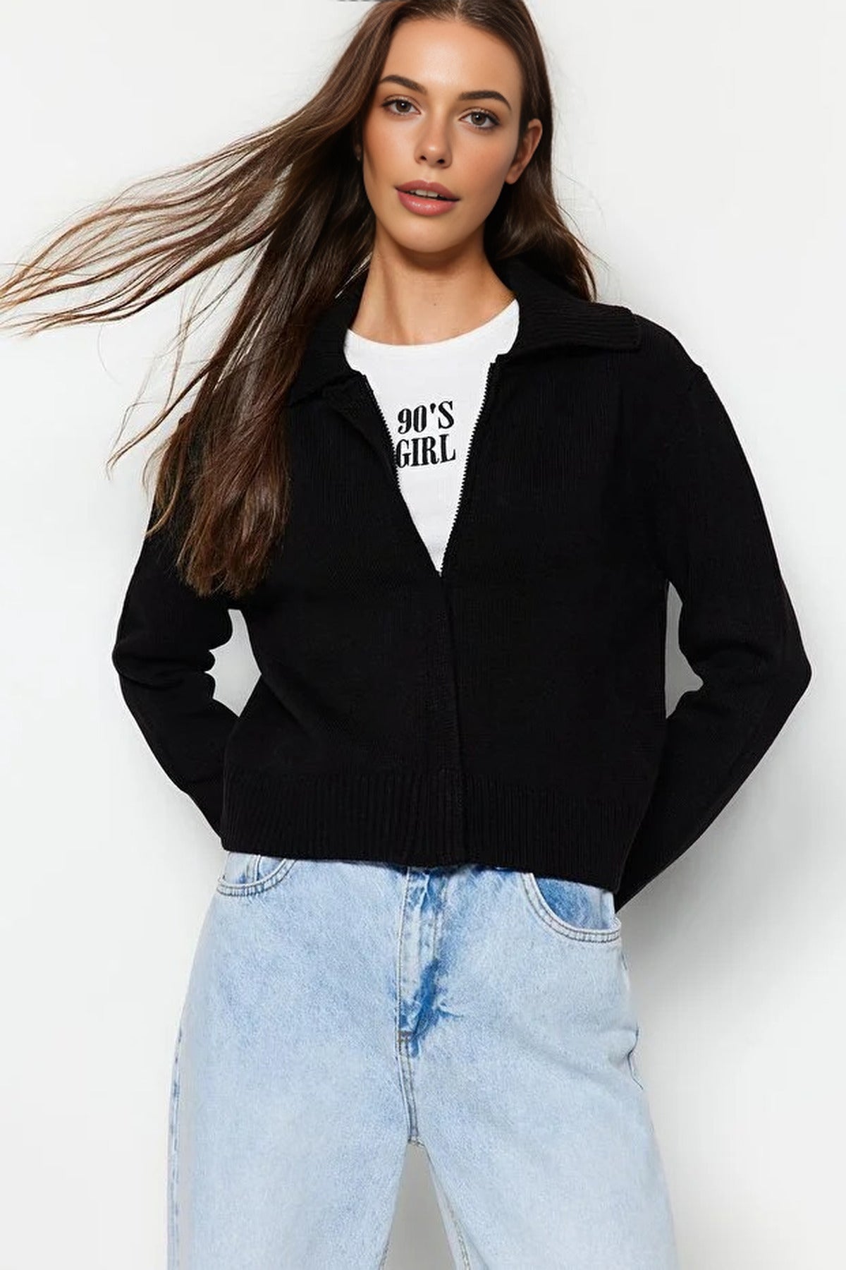 Soft Textured Turn-Down Collar Knit Cardigan with Zipper