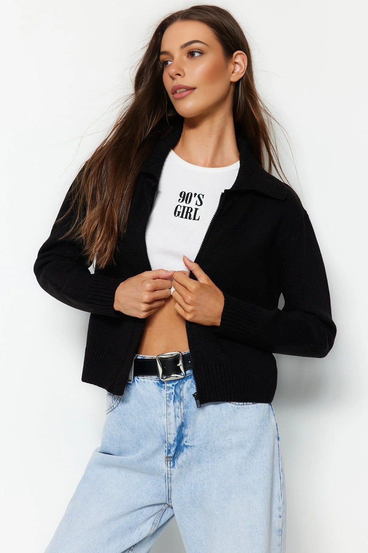 Soft Textured Turn-Down Collar Knit Cardigan with Zipper