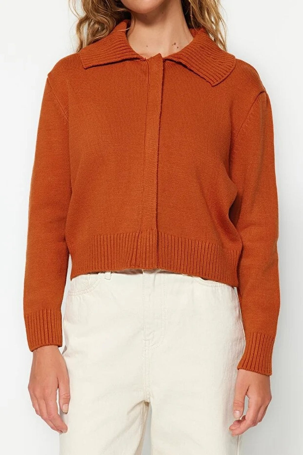 Soft Textured Turn-Down Collar Knit Cardigan with Zipper